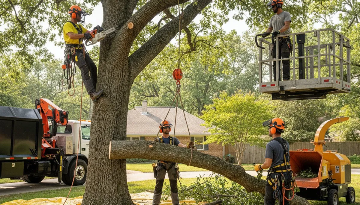 Miami, FL tree removal crew safely removing an unwanted tree near a home