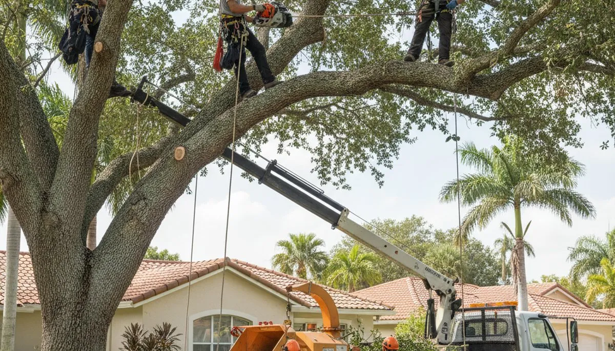 Miami, FL tree service crew providing professional tree trimming for a business property
